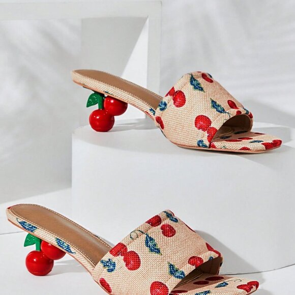 Beige Cute Women's Cherry Shaped Heel Sandals - Picture 4 of 7